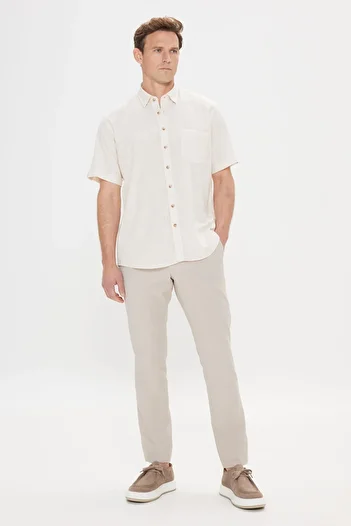 AC&Co / Altınyıldız Classics Beige Men's Shirt - Comfort Fit, Relaxed Fit, Button Collar, 100% Cotton, Flame, Short Sleeve