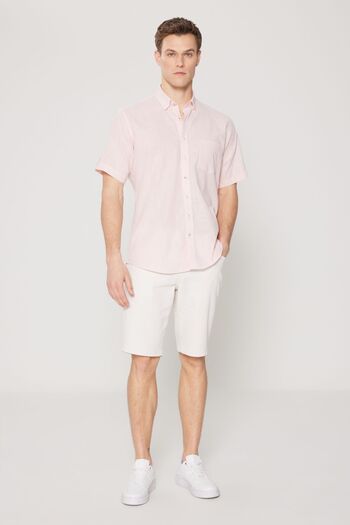 AC&Co / Altınyıldız Classics Pink Men's Shirt - Comfort Fit, Button Collar, Linen Look 100% Cotton, Short Sleeve