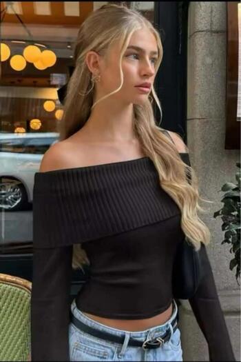 Köstebek New Black Stripe Madonna Collar Shoulder Off-Shoulder Y2K Long Sleeve Knitwear Crop Blouse