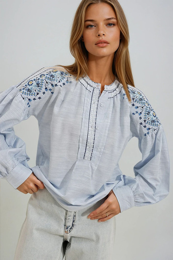 VAGGON Women's Blue Crew Neck Shoulders Embroidery Button Front Terry Cotton Blouse