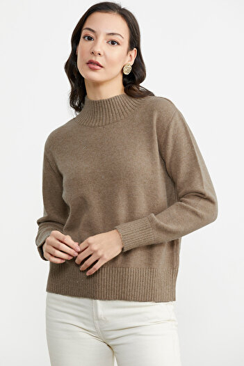 Sementa Half Fisherman Glitter Detailed Knitwear Sweater - Camel
