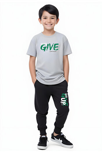 FYK COLLECTİON Never Give up Printed Boys' Short Sleeve Bottom-Top Suit