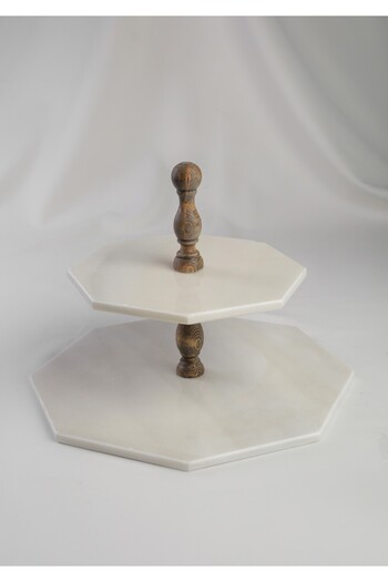 MERALP 2-Piece Real Marble Cake Presentation - Presentation and Layered Cookie Holder, Chestnut Wooden Leg