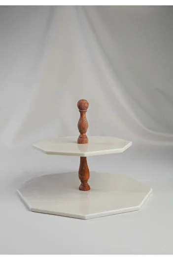 MERALP 2-Piece Real Marble Cake Presentation - Presentation and Layered Cookie Holder, Chestnut Wooden Leg