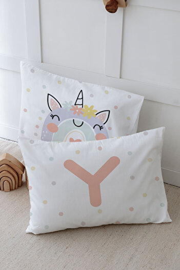 Tuğba Kuğu Salmon Unicorn Patterned 2-Piece Pillow Case - Letter Series - Letter Y