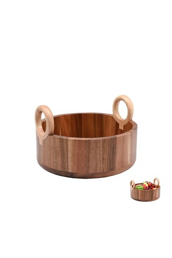 morponi Luxury Acacia Round Deep Fruit Bowl & Decorative Bowl with Handle 25 cm