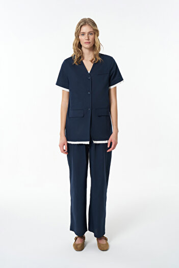 Quzu Garni Detailed Buttoned Short Sleeve Jacket Navy Blue