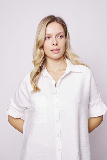 Jument Women S Linen Look Sleeve Foldable Relaxed Fit Long Tunic Shirt-Cream
