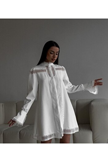 Şair Women's Spanish Sleeve White Laced Deal Merch Shirt Dress