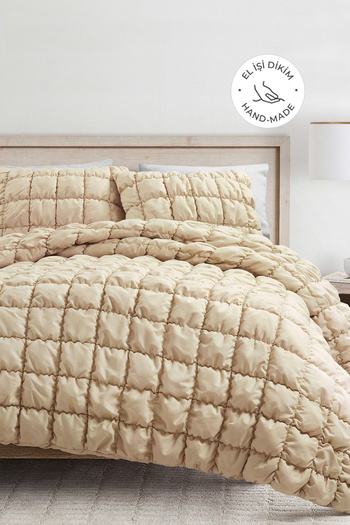 Evlen Home Collection Puff Bed Cover Set Double Handcrafted Cotton Comforter 3 Pieces Sleeping Set 240X250Cm Light Beige