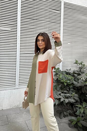 Juuuj Women's Khaki & Orange Long Sleeve Detailed Color Block Oversize Shirt Long Tunic Shirt with Pockets