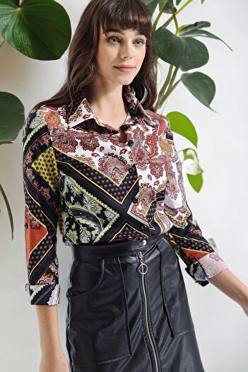 Juuuj Cămașă neagră cu mânecă lungă cu model în stil modern de damă