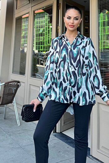 Juuuj Cămașă clasică casual cu model din satin verde