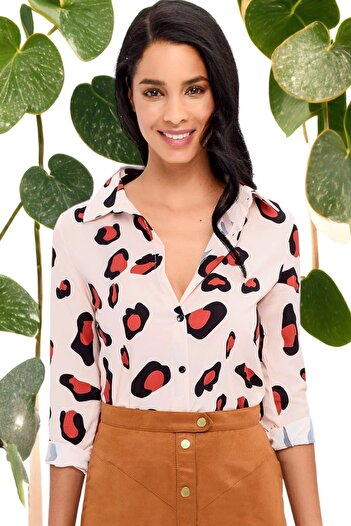 Juuuj Women's Ecru Leopard Print, Classic Collar, Long Sleeve, Regular Cut, Standard Length Shirt