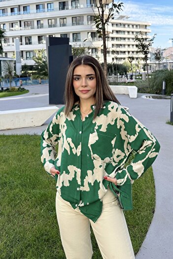 Juuuj Cămașă de damă verde cu mânecă lungă, plisată la spate, lejeră, din viscoză
