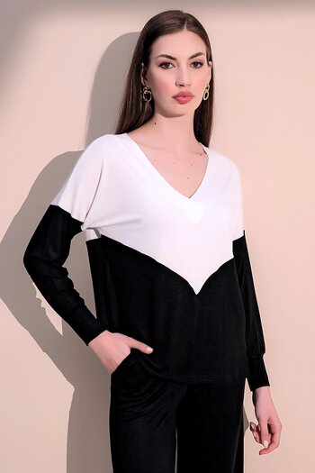 Juuuj Women's White V-Neck Color Block Basic Loose - Comfortable Combed Cotton Blouse