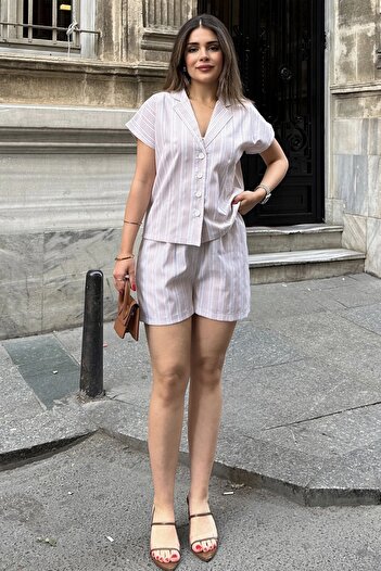 Juuuj Beige Apatch Collar, Short Sleeve Shirt & Elastic Waist Shorts with Pockets - Stripe Pattern Fisto Bottom Top Set