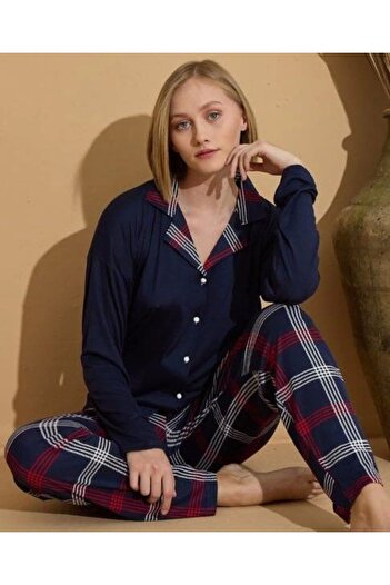 Pijamoni Milan Fabric Pajama Set - Long Sleeve, Front Button, E. Navy Blue - 7520