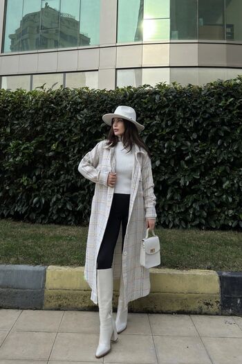 NEW LAVİVA Women's White Long Sleeve, Double Pocket, Oval Cut the Skirt, Belt, Tweed Fabric Trench Coat