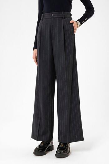 Antioch Navy Blue Women's High Waist Pleated Striped Pants