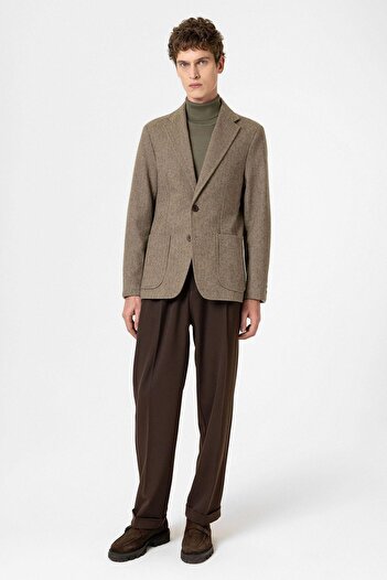 Antioch Khaki Slim Fit Herringbone Patterned Men's Blazer Jacket