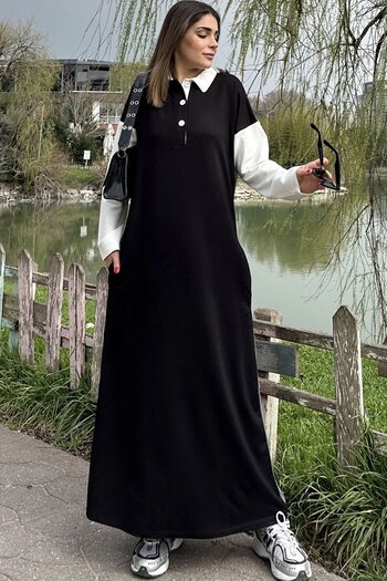 Juuuj Women's Black Color Block Design, Polo Collar, A-Line, Long Loose Dress