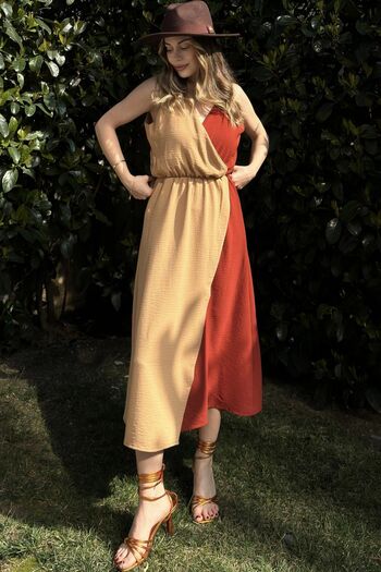 Juuuj Women's Brick & Beige Color Block Double Breasted, Straw Strap Detail, Slit, Long Airobin Dress