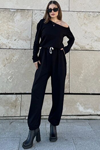 Juuuj Women's Black Wide Collar, Lace-up Waist, Elastic Legs Long Sleeve Loose Jumpsuit