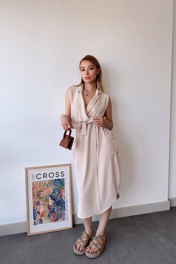 Juuuj Women's Beige Thick Strap, Double Breasted Collar, Plain Pattern, Aerobin Slit, Belted Midi Dress
