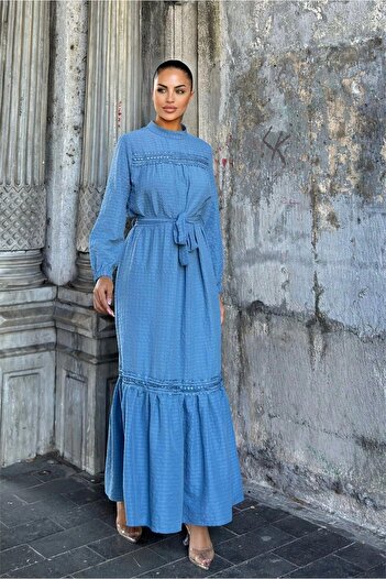 Juuuj Rochie maxi Lotus cu brâu indigo și detaliu din dantelă