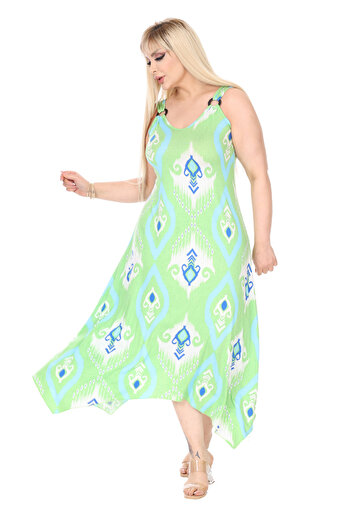 MELSAY Women's Strap V Neck Green Motif Pattern Plus Size Dress