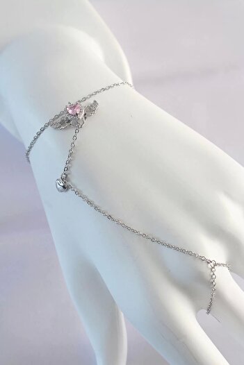 Clariss 316L Steel Silver Color Pink Zircon Stone Winged Heart Model Şahmeran