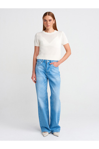 Dilvin 71775 Pantaloni largi din denim drept din țesătură groasă-albastru