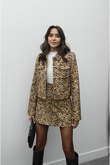 Havoş Beige Leopard Print Jacket Skirt Set