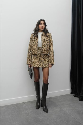 Havoş Beige Leopard Print Jacket Skirt Set