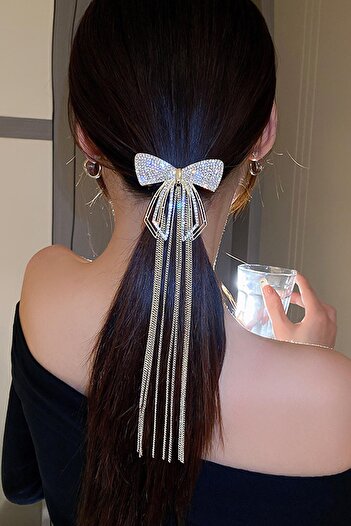 New Obsessions Elegant Shiny Rhinestone Chain Dangle Automatic Hair Clip with Bow Figure