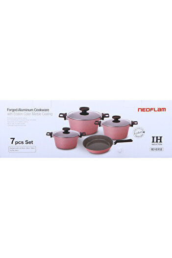NEOFLAM Reverse,Cooking Set7pcs,INDUCTION,Forged Aluminum,Ecolon coating,Pots20,24,28cm+Fry24cm,Pink Marble