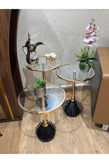 Living 3-piece glass service table set with gold/black steel bases