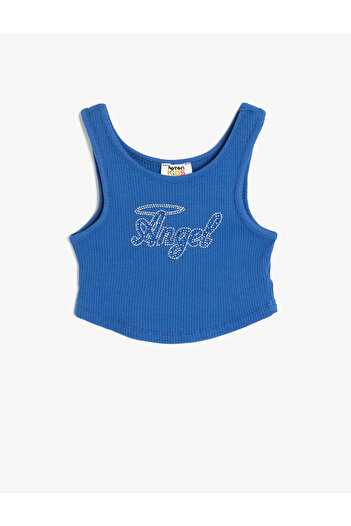 Koton Ribbed Slogan Printed Stone Detailed Round Neck Cotton Crop Undershirt