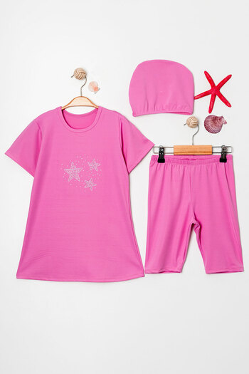 Beniizle Star Stone Detailed Girl's Triple Set Swimsuit