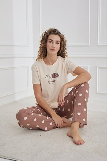 MEBA Women's Compact Combed Cotton Soft Textured Short Sleeve Coffee Combed Cotton Pajamas Set