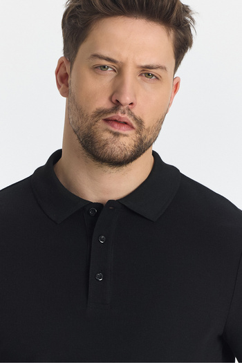 Frappoli Blum Men's Black Polo-Neck Sweatshirt - 100% Cotton, Waffle Print, Non-Curling Collar, Long Sleeve