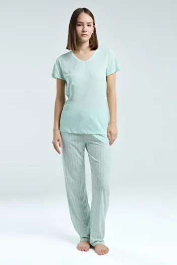 Pierre Cardin Women's Large Size V-Neck Summer Pajama Suit, Viscose Fabric, Pocket Detail