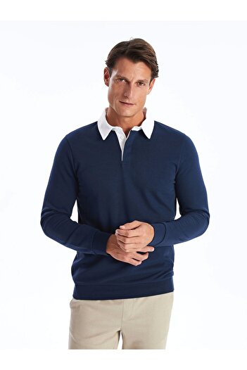 LC Waikiki Lcwaıkıkı Classic Indigo Поло з коміром і довгими рукавами Чоловічий світшот