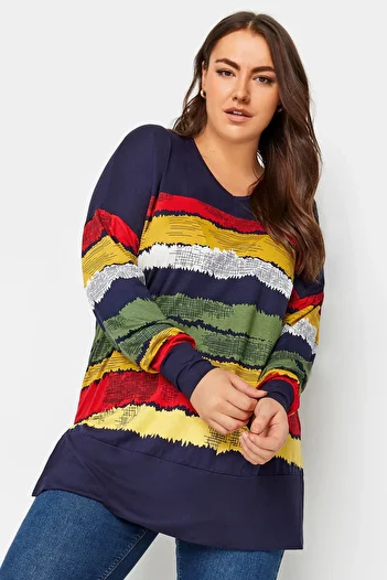 Stil Diva V-Neck Striped Slit Long Sleeve Plus Size Blouse - 303117