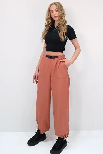 Trend Alaçatı Stili Women's Tile Colored Jogger Pants - Double Pockets, Elastic Legs, Belt Detail, Alc-X13627