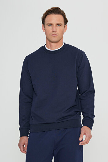 AC&Co / Altınyıldız Classics Erkek Lacivert Standart Fit Normal Kesim 2 İplik Pamuklu Bisiklet Yaka Sweatshirt