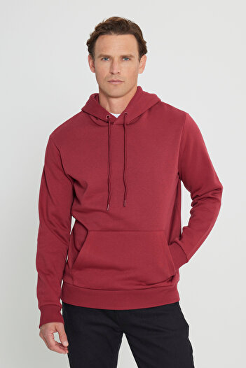 AC&Co / Altınyıldız Classics Claret Red Men's Sweatshirt - Fleece, Hooded, Kangaroo Pocket, 3 Thread Cotton