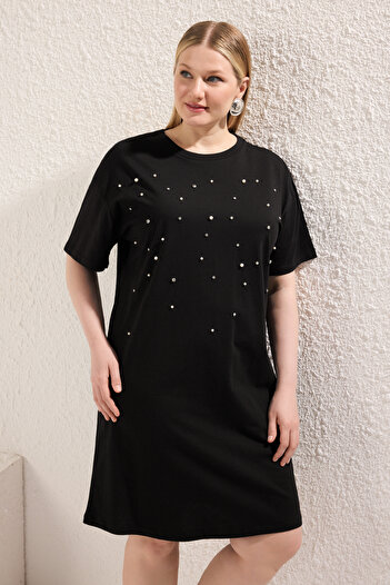 Trendyol Curve Black Crew Neck Rhinestone Plus Size Knitted Dress Tbbss25Ah00057