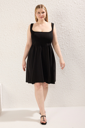 Trendyol Curve Black Square Neck Skater Knitted Plus Size Dress Tbbss25Bg00010